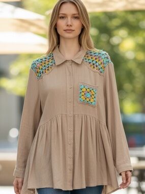 Umgee Large Beige Crochet-Yoke Button-Up Peplum Top